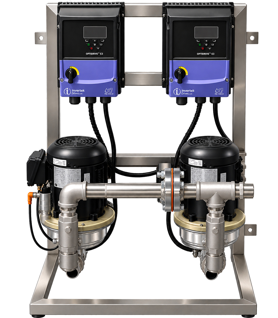 MicroFlo duplex packaged booster with two variable frequency drives on a stainless frame