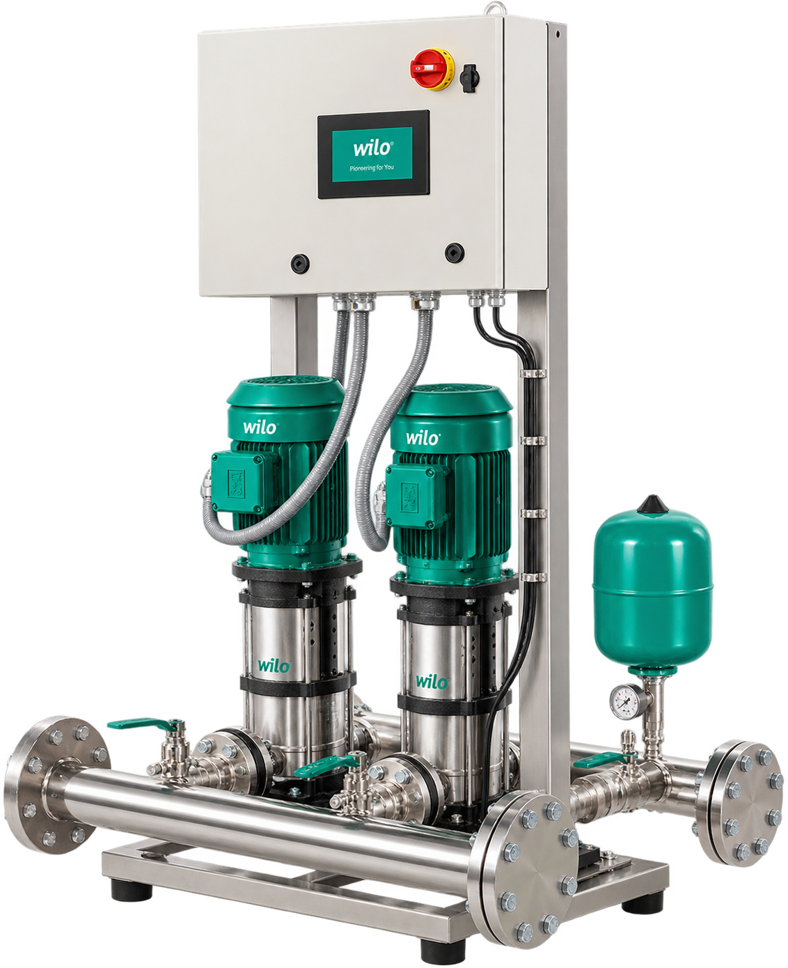 Helix duplex booster set with control panel, diaphragm tank and flanged headers
