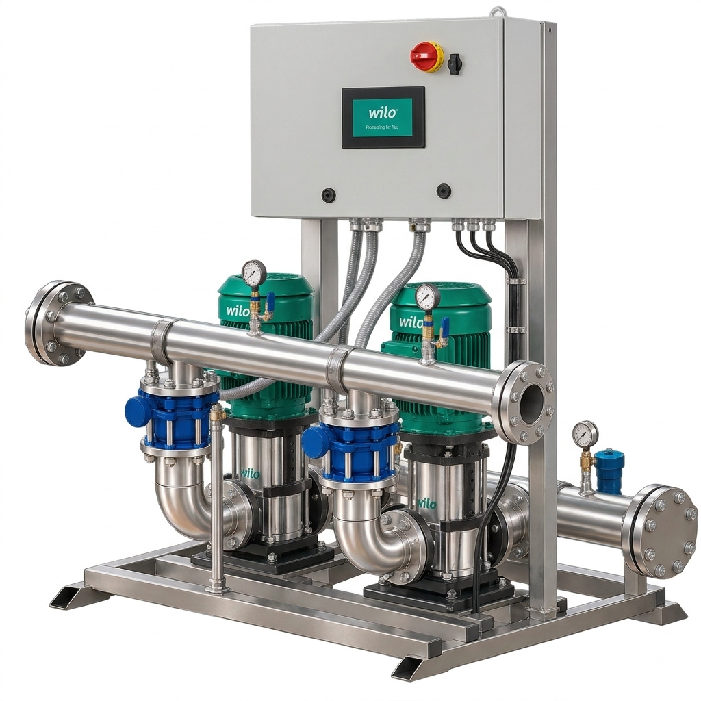 Packaged duplex booster set on a stainless steel skid with manifold and control cabinet