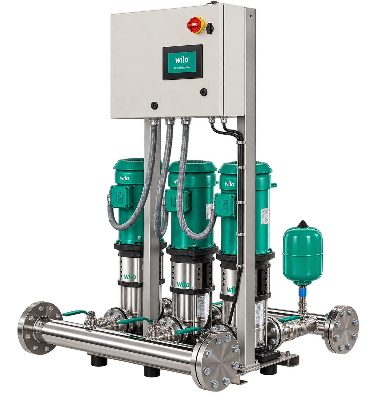 Helix triplex booster set with control panel, diaphragm tank and flanged headers