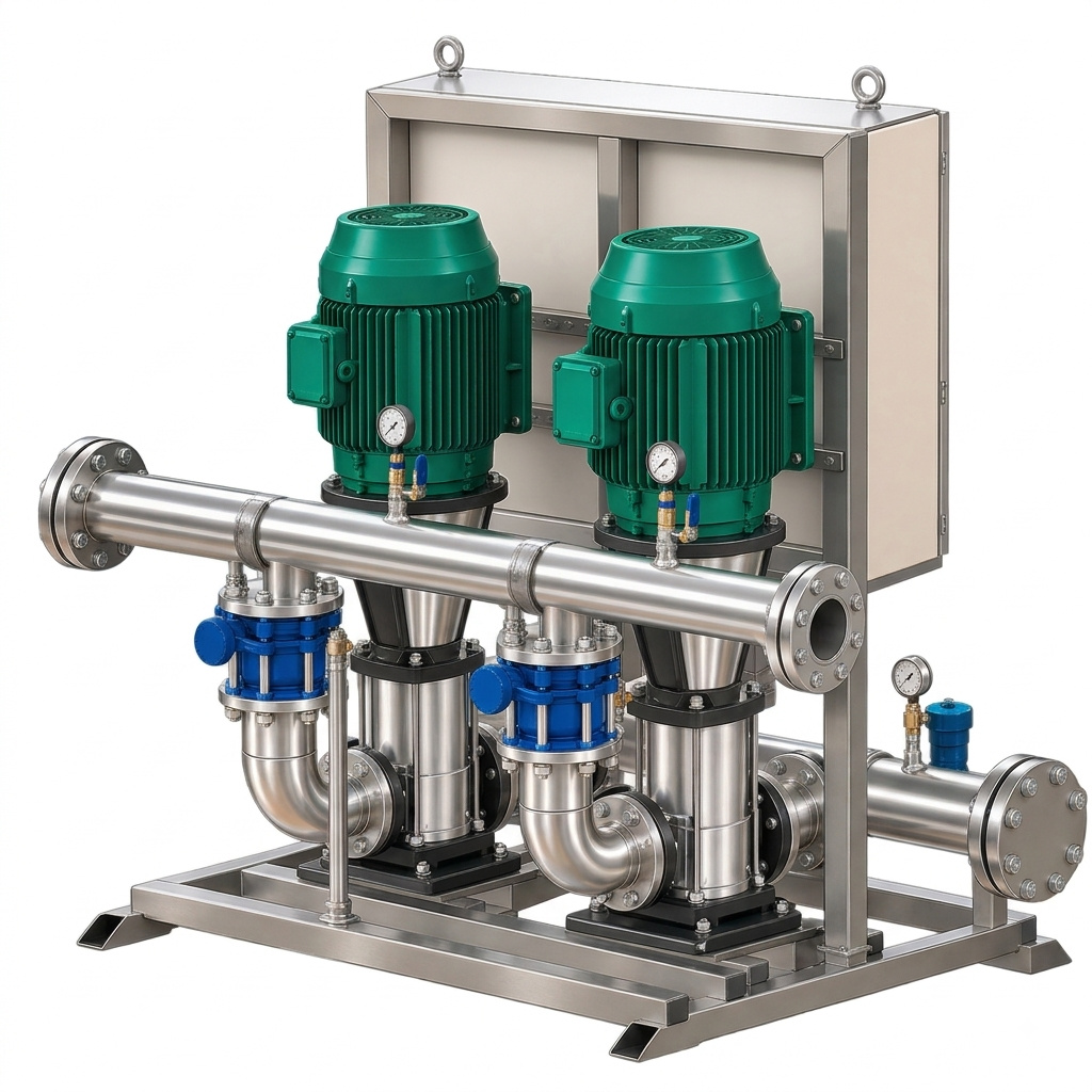 Packaged duplex domestic booster pump system with vertical multistage pumps and control panel