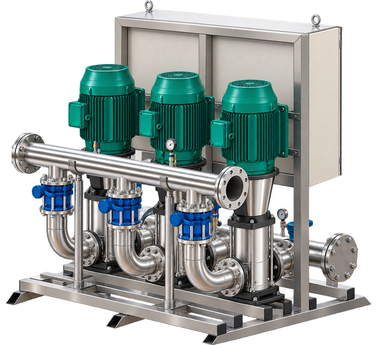MVI triplex packaged booster pump system with three vertical multistage pumps